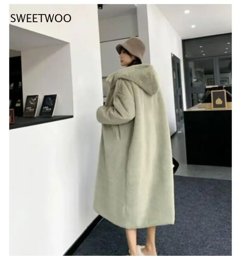 2021 Winter Hooded Women Faux Fur Coat Ladies Thick Warm Outwear Long Fur Jacket Casaco Feminino Inverno Tedy Contracted Slim