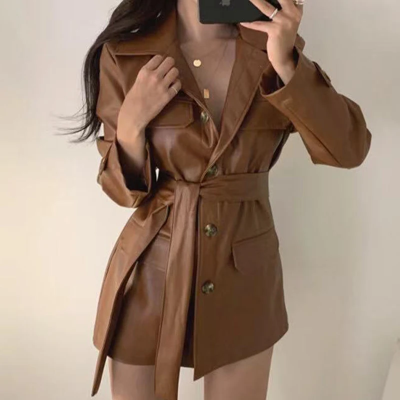 Clothland Women Chic PU Leather Jacket Pockets Long Sleeve Belt Single Breasted Khaki Black Fashion Coat Mujer CA439