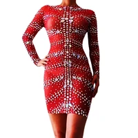 sparkling sequins rhinestones mini dresses red long sleeve mesh gauze above knee dress nightclub dance show wear party costume