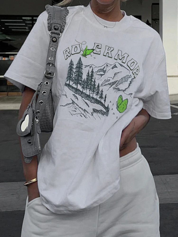 

Футболка женская с круглым вырезом, Повседневная Свободная рубашка с коротким рукавом, с буквенным принтом, в стиле хип-хоп, милый белый топ ...