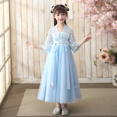 Летнее синее сказочное традиционное китайское платье Hanfu для девочки, китайский костюм для девочки, детское Тюлевое длинное платье Hanbok для девочки, одежда