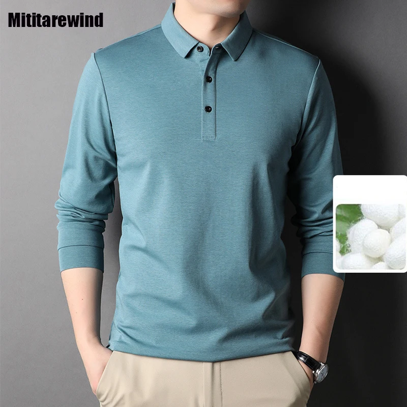 New Spring Fall Long Sleeve Tees for Men Smart Casual Polo Shirts with Cotton and Silk Simple Comfortable Tops Versatile Tshirt