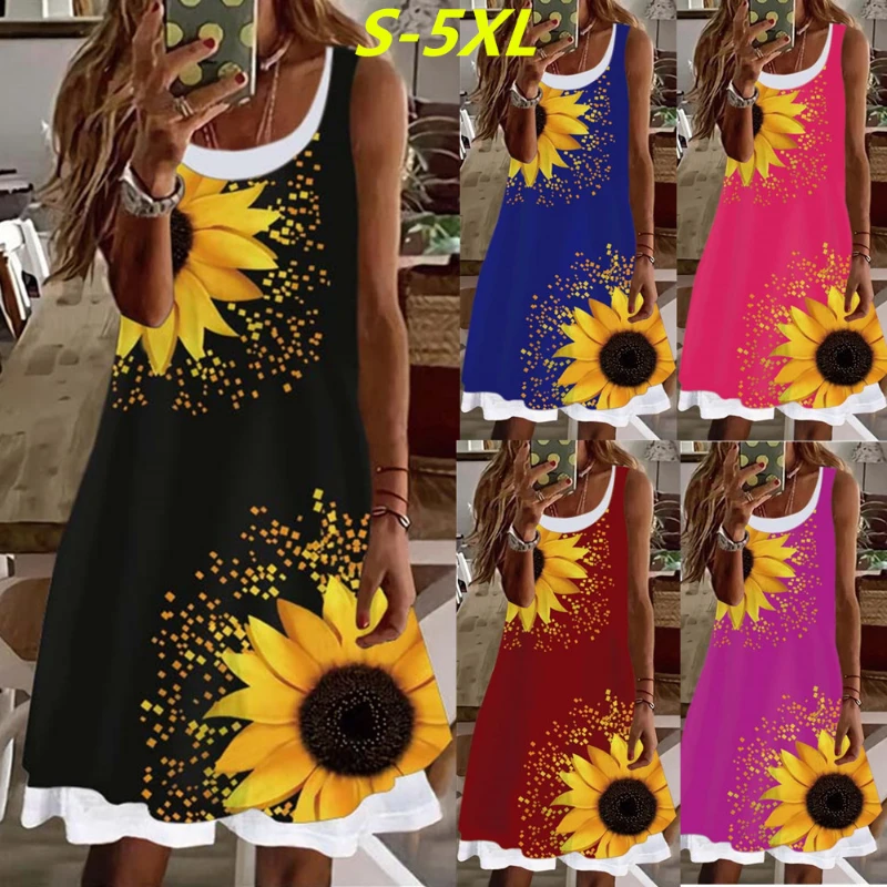 

2022Spring Summer Casual Everyday DressWomen's A-Line Dress Fashion Daisy 3D Print Knee Length Dress Red Black Blue Sleeveless