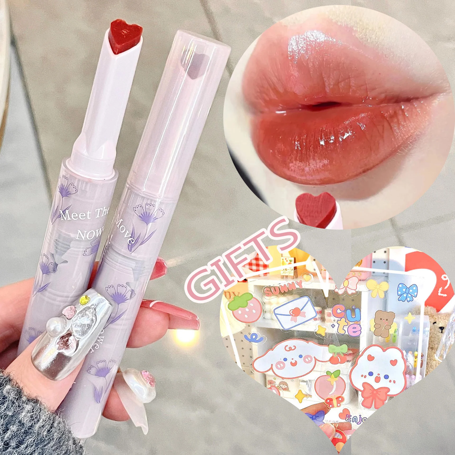 

Flower Jelly Lipstick Makeup Love Shape Lip Mirror Water Light Long-lasting Moisture Lipgloss Women Professional Beauty Cosmetic