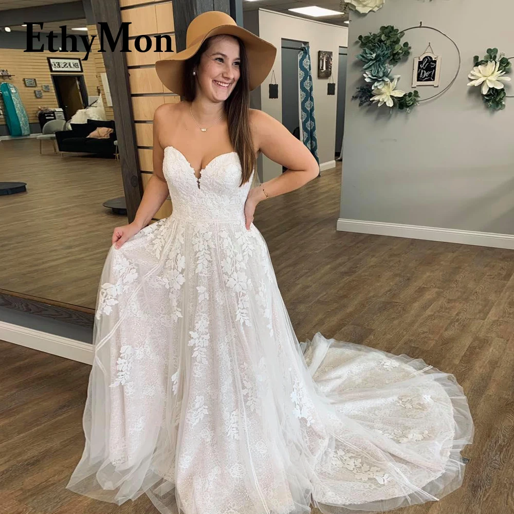 

Очаровательные свадебные платья-трапеции с кружевной аппликацией, милое платье на молнии со шлейфом, 2023, Прямая поставка