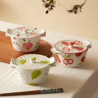 hand drawn fruit ceramic double ear bowl with lid salad bowl steamed egg bowls chili oil condiment sauce jar microwave heating