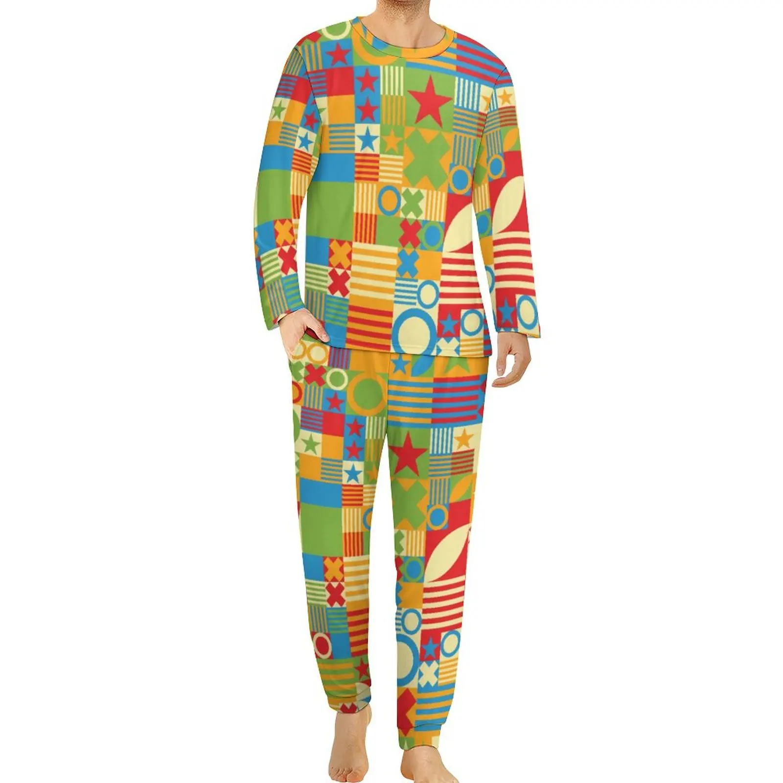

Figures Retro 60s Pajamas Male Colorful Geometric Kawaii Sleepwear Spring Long Sleeve 2 Pieces Sleep Graphic Pajamas Set 4XL 5XL