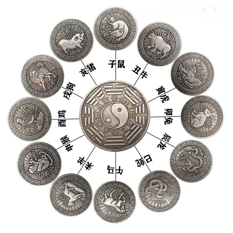 

Китайская Серебряная монета со знаками Зодиака, медная Посеребренная фигурка Багуа, памятная Коллекционная монета, удачная монета, подарок...
