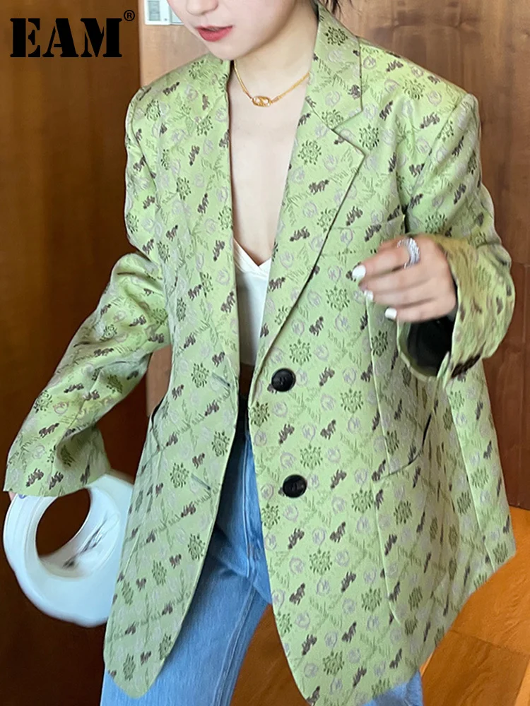 

[EAM] Женский Зеленый жаккардовый Блейзер большого размера, новая свободная куртка с отворотом и длинным рукавом, модная демисезонная 2022 1DE0155