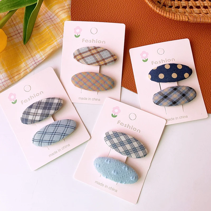 

2PCS Set Cloth Dot Plaid Striped Elliptical Blue Hair Clips For Girl Kids Cute Kawaii Fairy Simple Hairpin Fashion Accessories