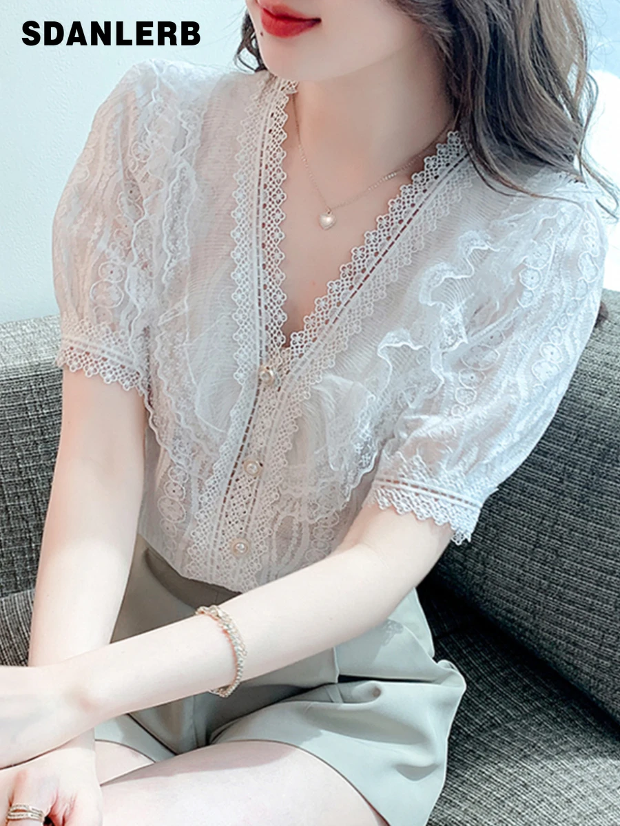 

French Style Sweet V-neck White Shirt Women's Summer Short Sleeve Blouse Elegant Beautiful High Sense Lace Ladies Top