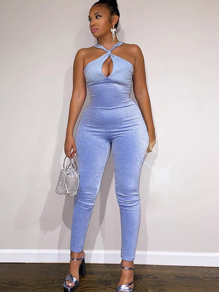 

Sibybo Sparkly Cut Out Sexy Jumpsuit Women One Piece Outfits Summer Criss Cross Sleeveless Jumpsuits Femme Clubwear Overalls
