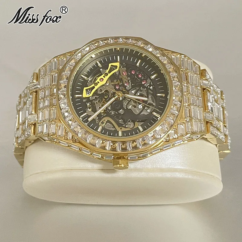 Hip Hop Brand MISSFOX Gold Fashion Watch Men Luxury Full Iced Out Baguette Diamond Mechanical Wristwatch Hollow Automatic Clocks