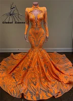 sexy orange high neck long prom dresses with sequined appliques evening dress for black girls 2022 aso ebi birthday party gown