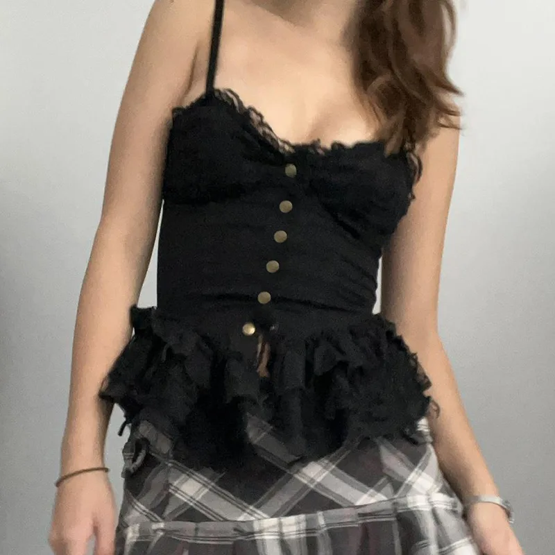 

Gothic Women's Fashion Corset Vest Spaghetti Strap Lace Patchwork Button Down Cami Tops Summer Shirt