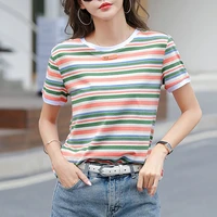 hi fashion summer orange red striped cotton women t shirts simple colorful short sleeve blue lady soft casual fashion tops