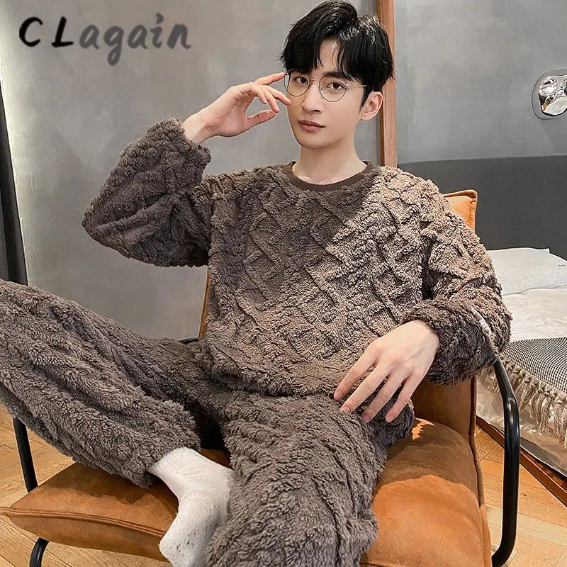 2022 Winter men's pajamas with fleece and thickened men's pajamas suit large size home wear coral fleece suit