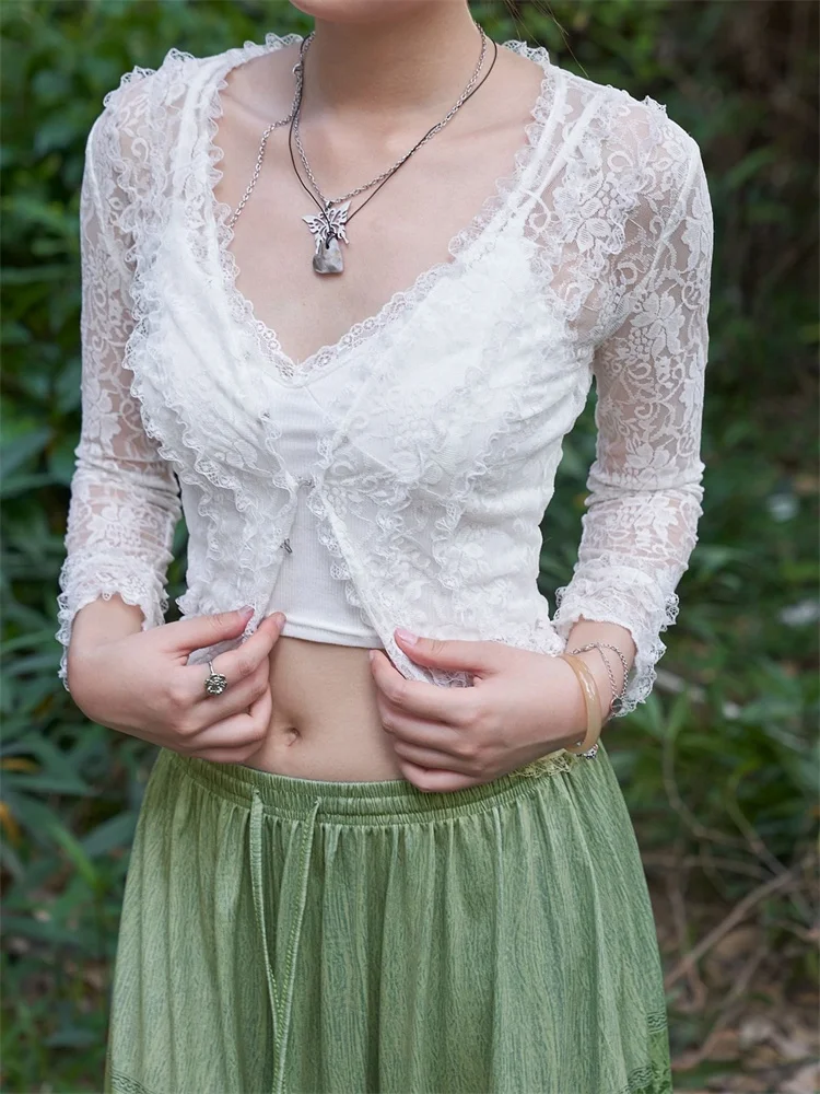 

hirigin Women Sexy Lace See Through T-shirts Y2K Long Sleeve Vintage Buttons Up Crop Tops Streetwear Tees Shirts 2022 Retro