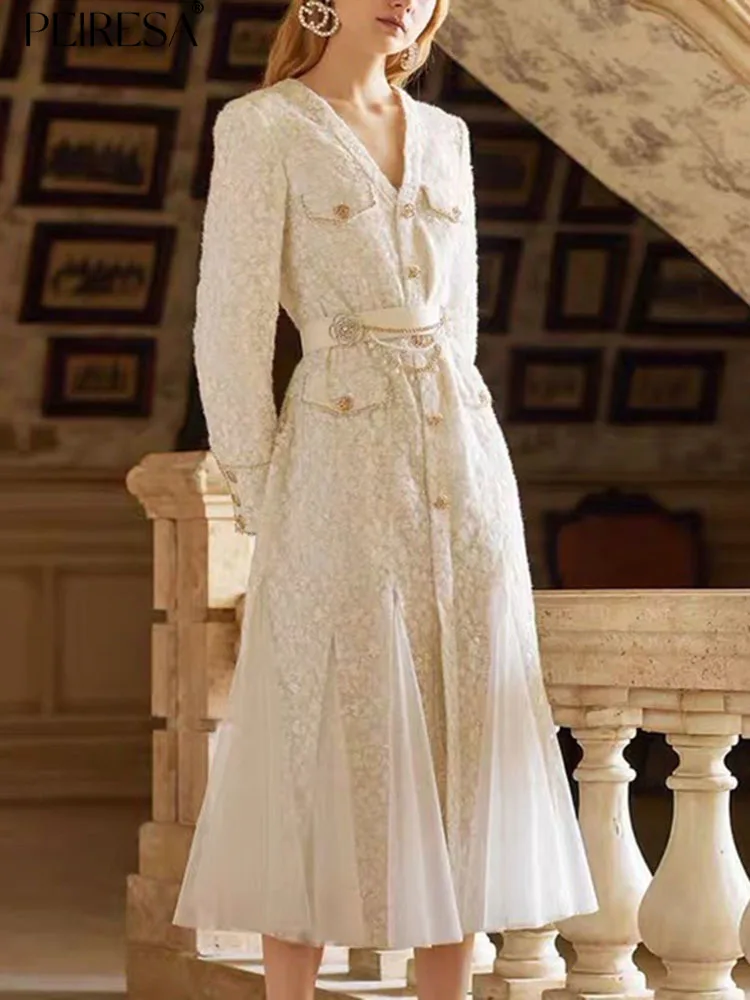 

Осень-зима 2023, новое Сетчатое кружевное платье PEIRESA в стиле пэчворк, женские платья средней длины с V-образным вырезом и длинным рукавом, со шнуровкой и юбкой-годе