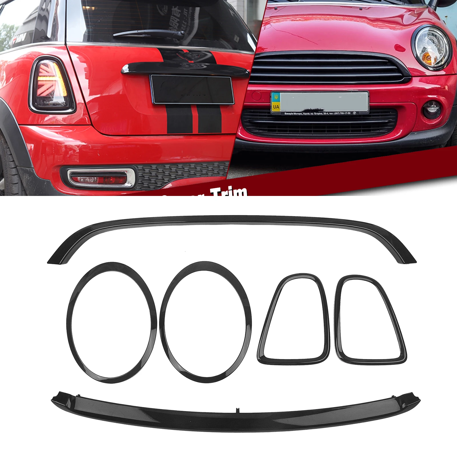 

For MINI COOPER R55/R56/R57 2007-2013 Base Glossy Black Front Head Lamp+Rear Light Cover Frame+Grille Grill Overlay Trim Clip On