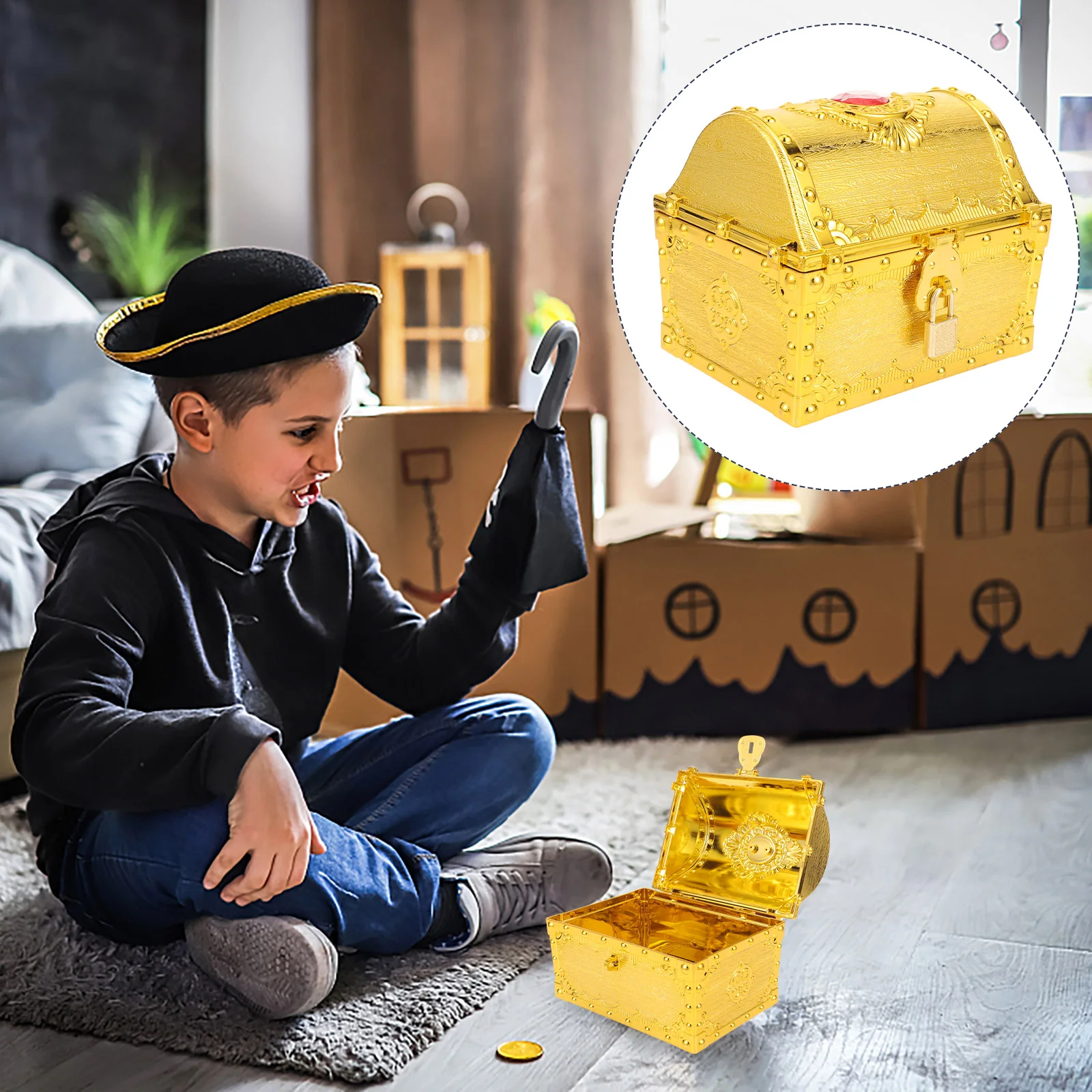 

Pirate Treasure Box Plastic Jewelry Chest Trinket Holder Case Keepsake Gem Organizer Party Favor Box Goodie Box Halloween Golden