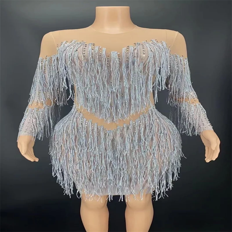 

Q391 Colorful Bodysuit Tassels Diamonds Long Sleeves Dancer Singer Perform Elastic Stretched Catwalk Outfit Costume Party Show