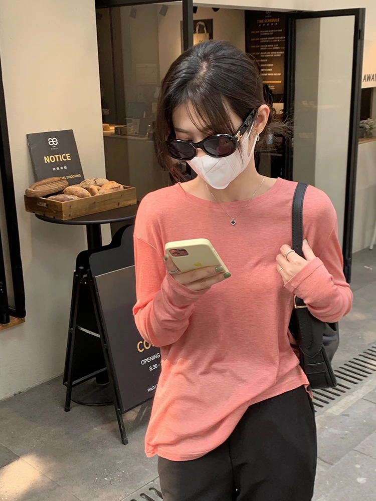 

2022Long-sleeved women's vest all-match slightly transparent round neck T-shirt short-sleeved cotton slim fit and thin