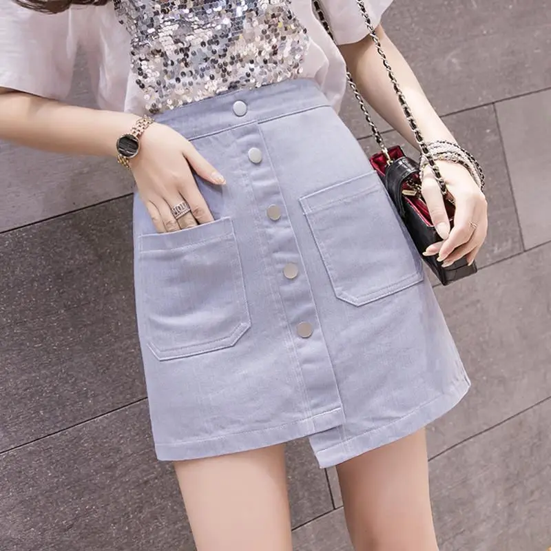 

Джинсовая юбка для женщин, новая модная юбка-трапеция на весну и лето, Корейская версия, облегающая короткая юбка с завышенной талией и запахом на бедрах для девушек
