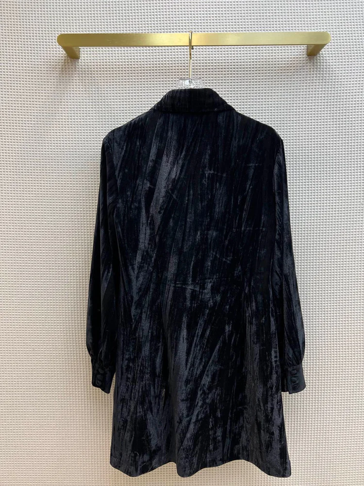 2023 Velvet Dress French Hepburn Autumn Winter A Line Small Black Dress for Women Long Sleeve Buttons Elastic Waist Dresses