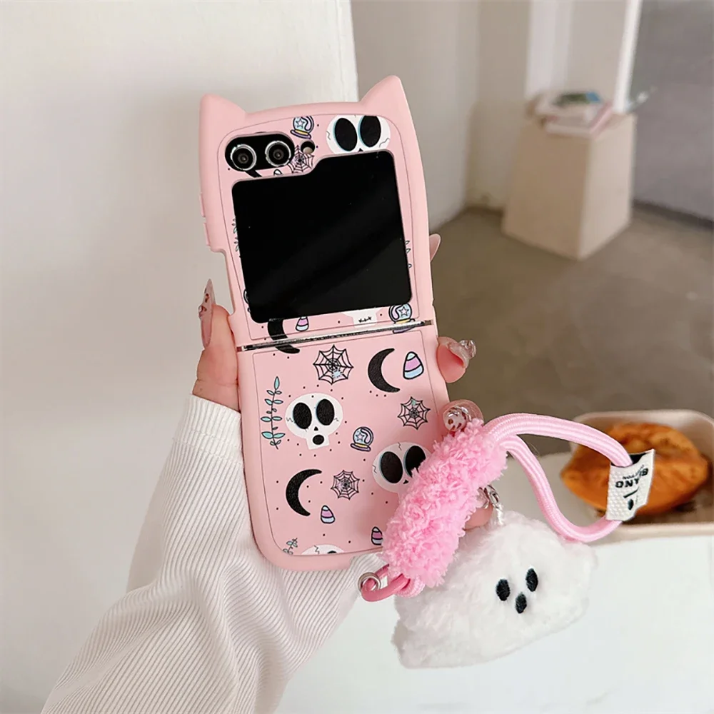 Розовый череп плюшевый призрак со шнурком чехол для телефона с 3D ушками и котом
