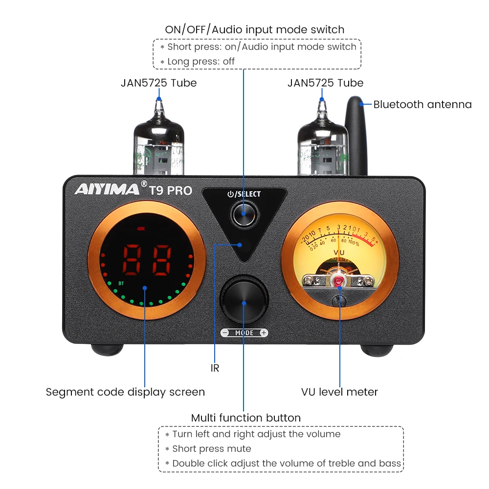 AIYIMA аудио T9 Pro стерео вакуумный трубчатый усилитель Bluetooth 5 1 QCC3031 Aptx USB DAC COAX OPT HiFi