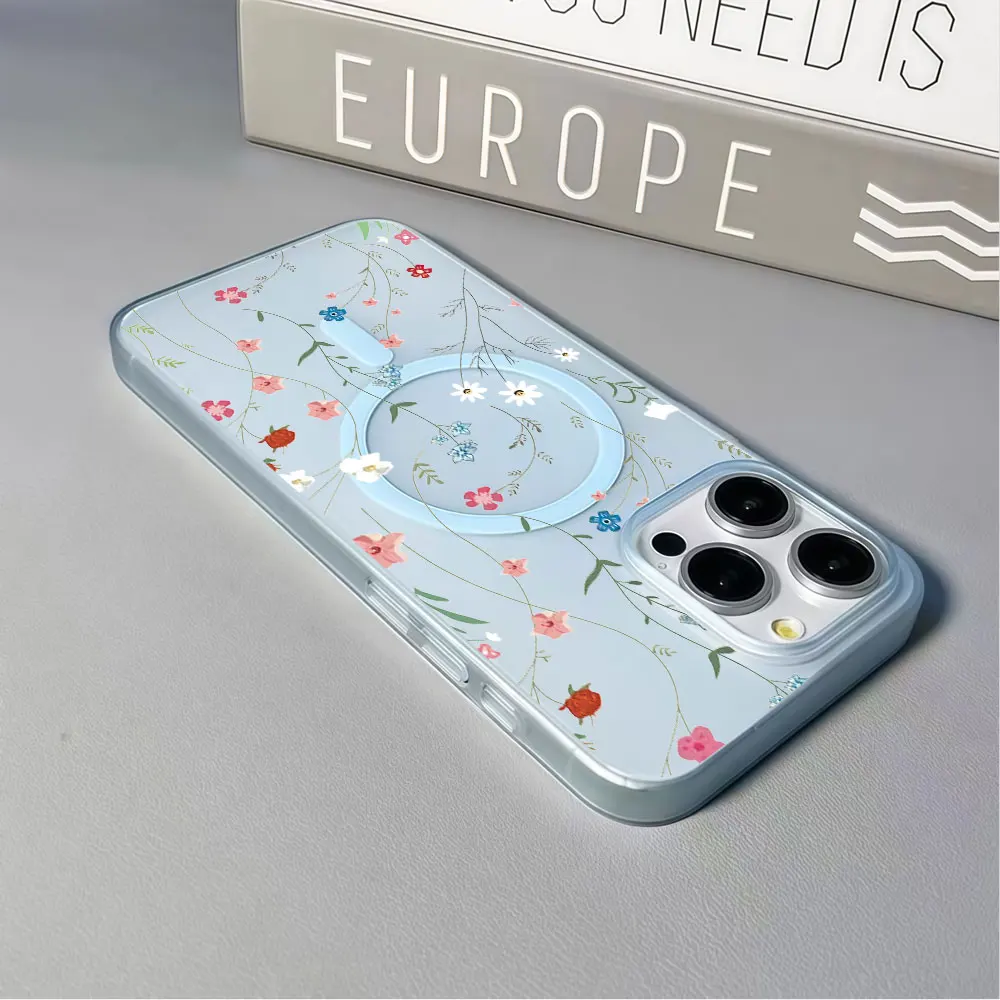 Фото Чехол для телефона MagSafe для iPhone 17, 16, 15, 14, 13, 12 Pro Max, 17 Air, жесткий силиконовый, противоударный, с акварельным рисунком маленьких цветов №3