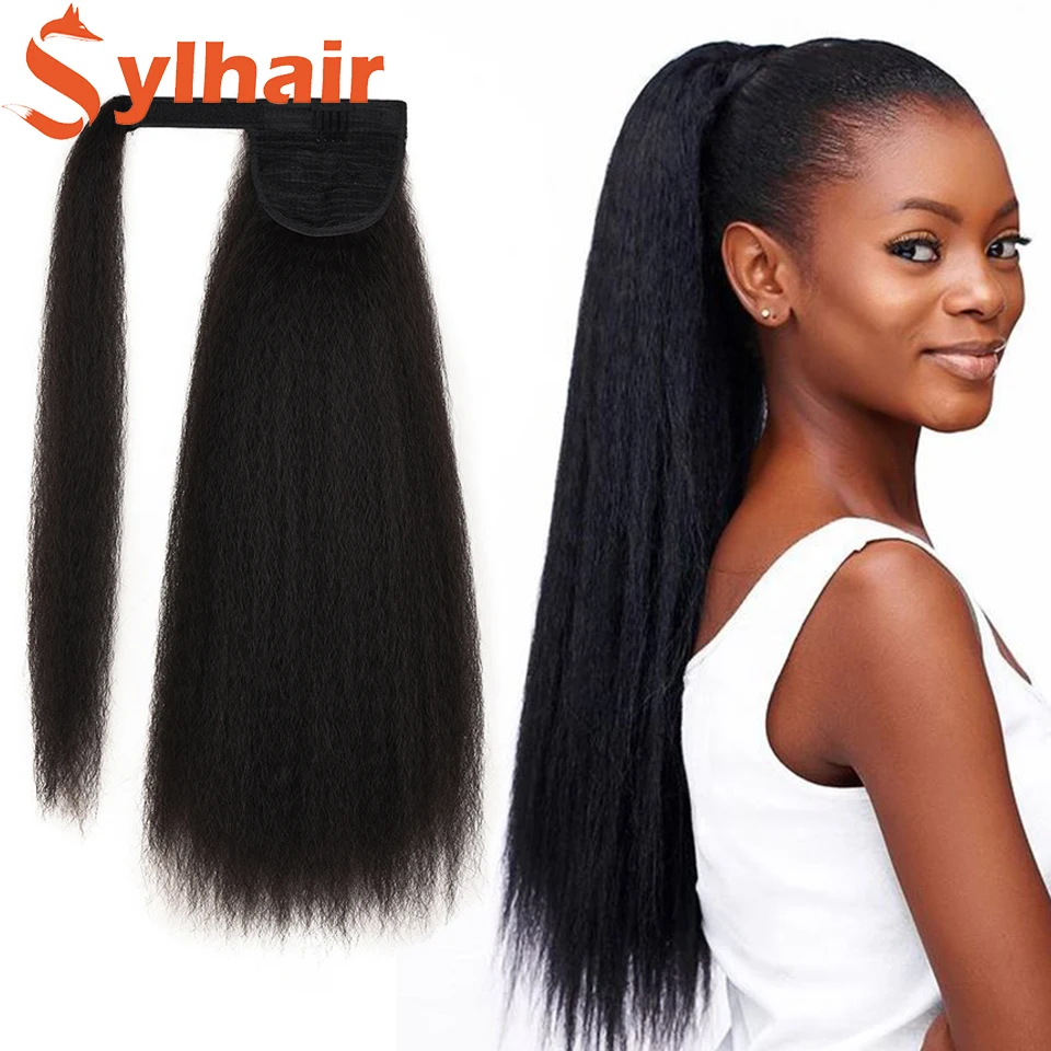 

Sylhair Afro Kinky Straight Ponytail Yaki Synthetic Hairpiece Wrap on Clip Hair Extensions Brown Pony Tail Natural Color Fake Ha