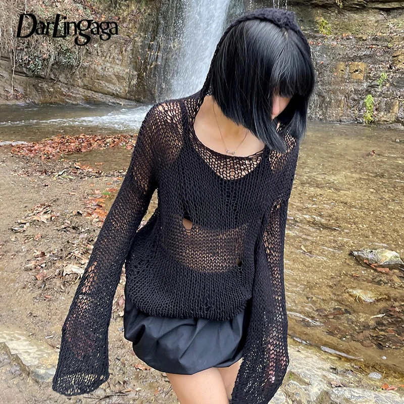 

Женский трикотажный прозрачный свитер Darlingaga в стиле Харадзюку, Свободный пуловер с капюшоном и дырками, Однотонный свитер в Корейском стиле