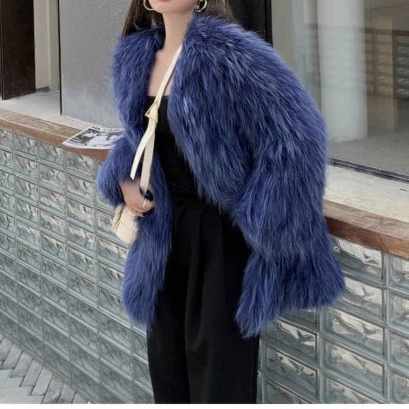 Autumn Winter New Imitation Fox Artificial Fur Solid Color Woven Women Mid-length Thick Dense Coat Round Neck Coat Free Shipping