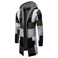 men sweater coat spring and autumn plaid stitching slim fit cardigan sweater mens casual long sleeve hooded knitted large coat