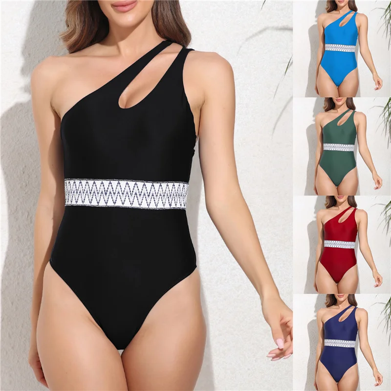 

Women Patchwork Swimwear, One-shoulder Sleeveless Tummy Control Bathing Suit