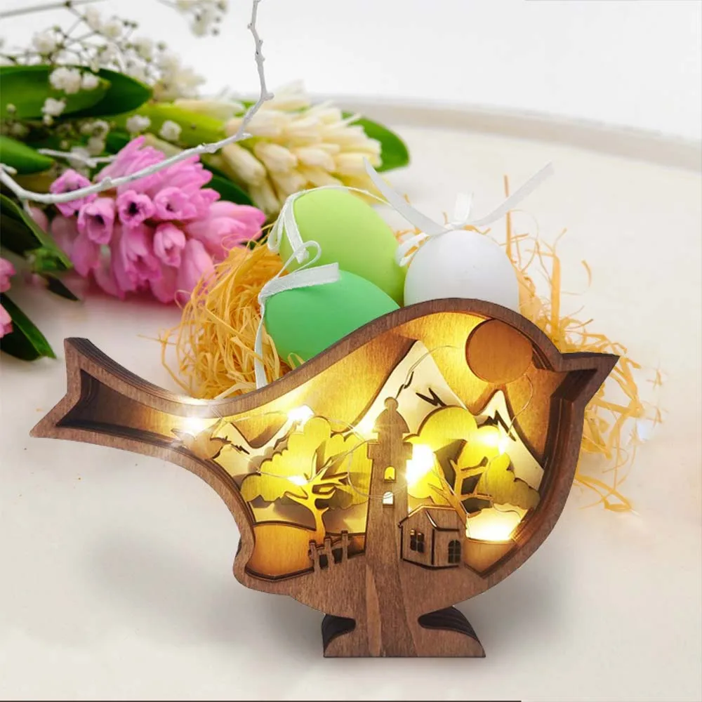 

Wooden Wood Silhouette Sculpture Cute Easter Bunny Statue Decoration With Light Hollow Carving Of Wooden Animal Statues