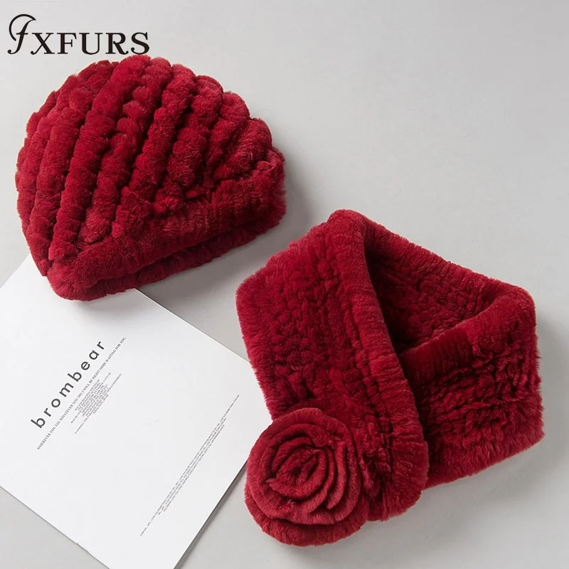 

Female High quality New Women Rex Hats Real Scarves One Set Winter Warm Caps Rings Russian Rabbit Fur Beanies Wraps