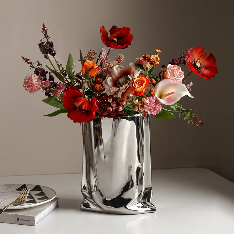 

Роскошная керамическая Серебряная ваза для растений, гальваническое цветочное украшение для гостиной, Цветочная композиция для отеля, худ...