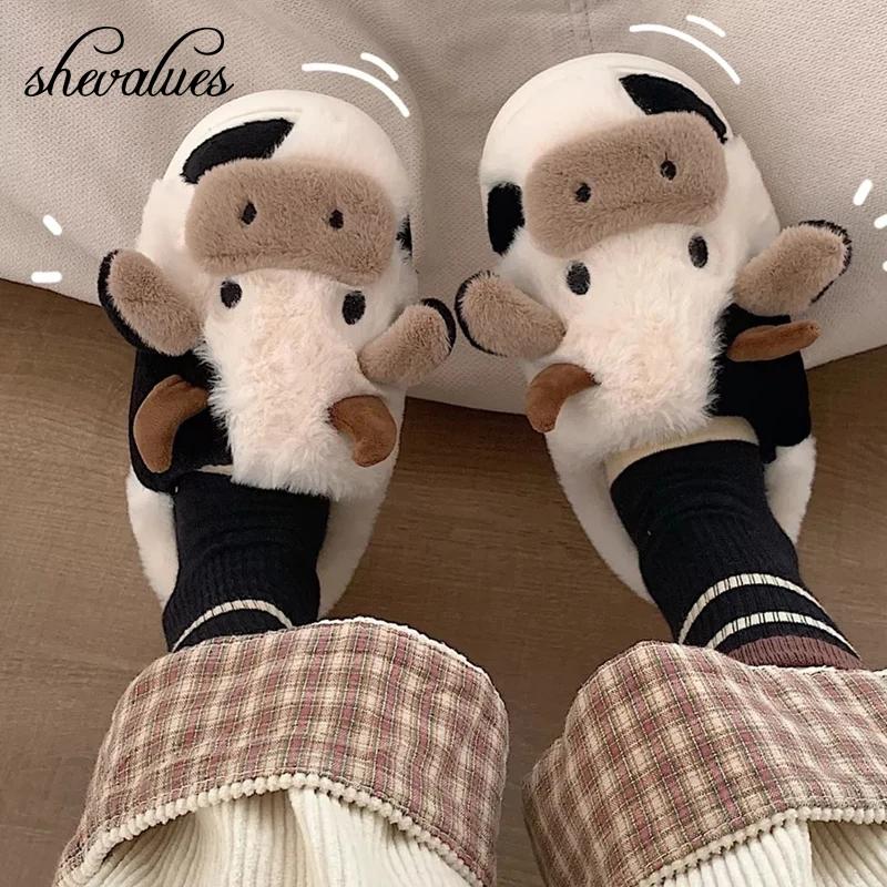 

Shevalues Cute Animal Furry Slipper For Women Girls Fashion Fluffy Winter Warm Slippers Woman Cartoon Milk Cow Home Cotton Shoes