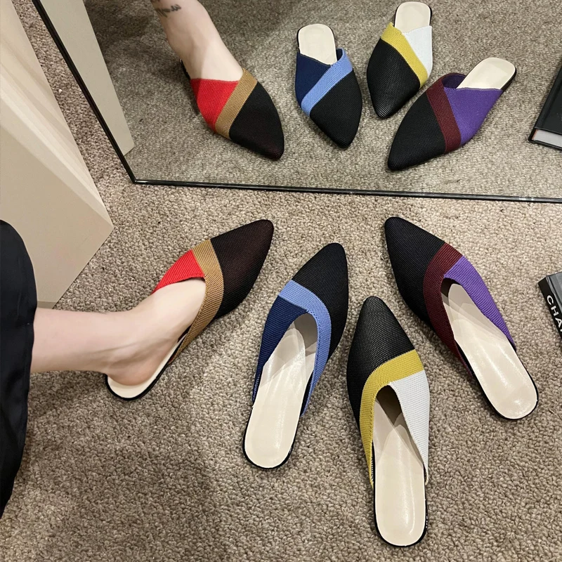 Color Contrast Design  Knitted Mule Shoes Woman Summer Breathable Mesh Slide Sandals Ladies  Pointed Toe Flat Slippers Plus Size