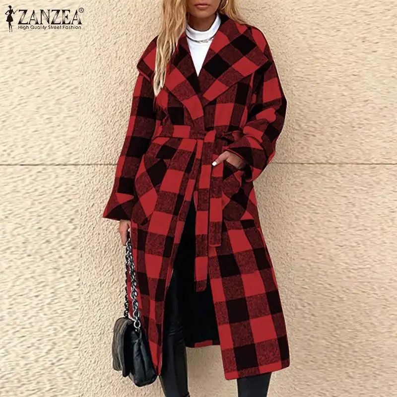 

ZANZEA Women Vintage Retro Plaid Blouse Shirts Oversized Casual Loose Midi Belted Blusa 2022 Spring Autumn Long Sleeve Cardigan