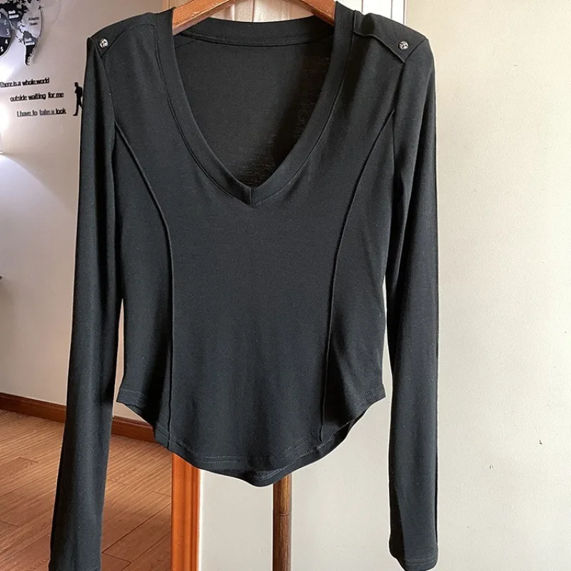 

Spring Summer Sexy V-neck U-shaped Hem Long Sleeved T-shirt Top for Women New Korean Version Slimming Layering Modal UnderShirt