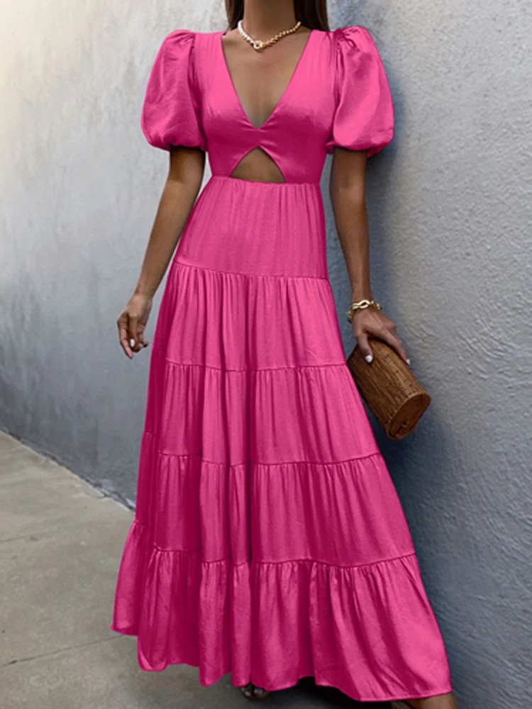 

Женское длинное платье с открытой спиной, винтажное однотонное плиссированное платье-трапеция с глубоким V-образным вырезом и коротким рук...