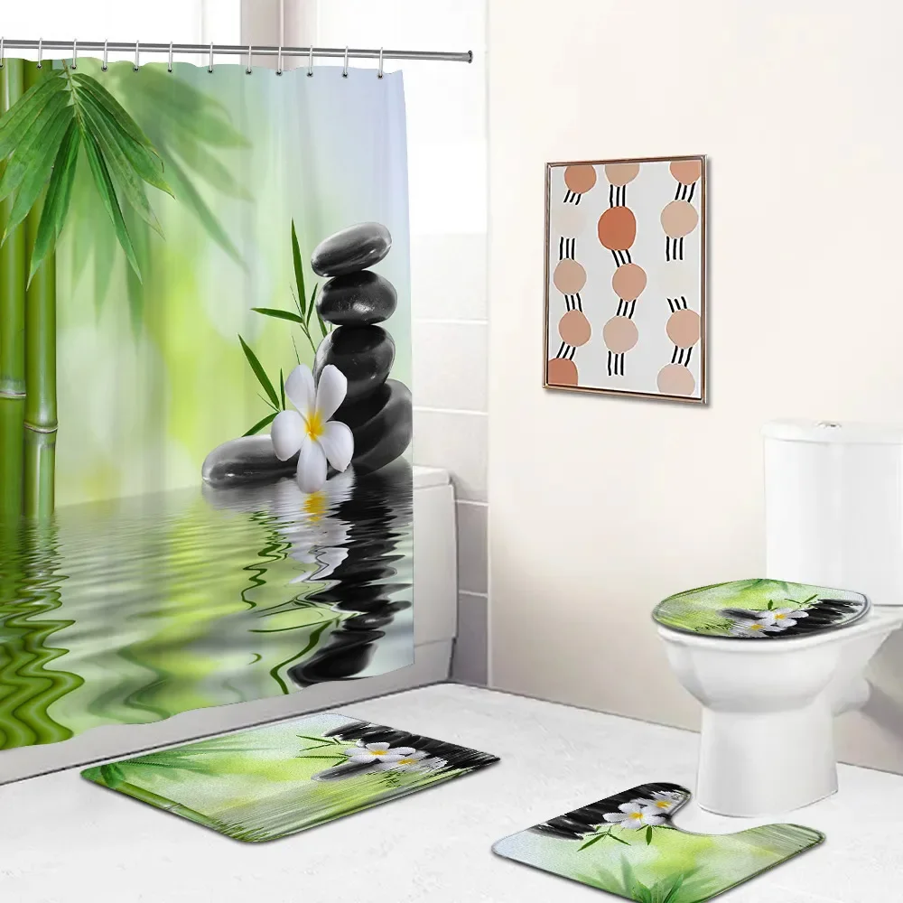 Набор штор для ванной Zen зеленый бамбук лотос черный камень медитация спа