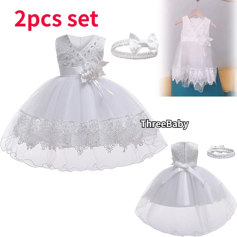 

Newborn Christening Dress for Baby Girl Baptismal Outfit White Baptism Princess Gown with Headband Infant Hair Accessories