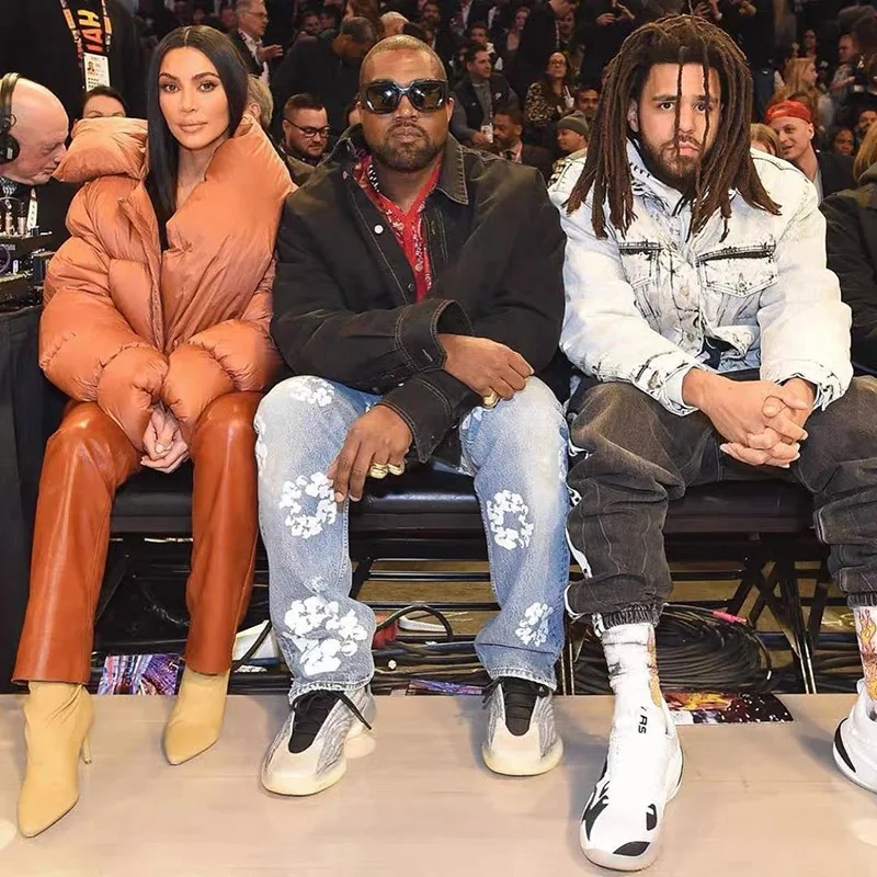 

Джинсовые брюки Kanye в стиле Харадзюку, уличная одежда оверсайз с цветными блоками и цветочным принтом, прямые повседневные брюки из денима в...