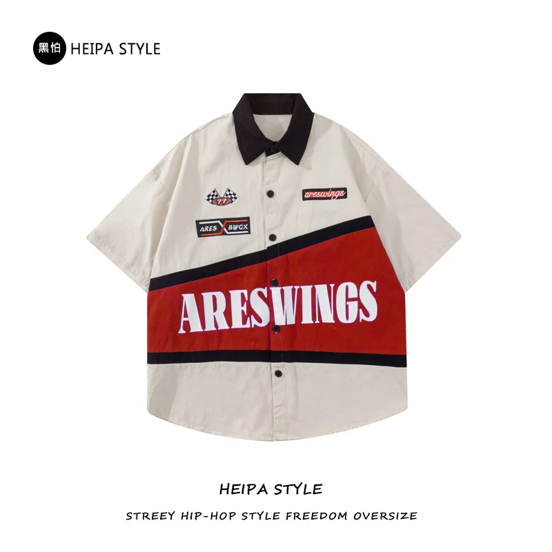 Original American retro embroidery heavy locomotive short sleeved shirt men's fashion brand summer fried Street niche racing 4 Original American retro embroidery heavy locomotive short sleeved shirt men's fashion brand summer fried Street niche racing 4