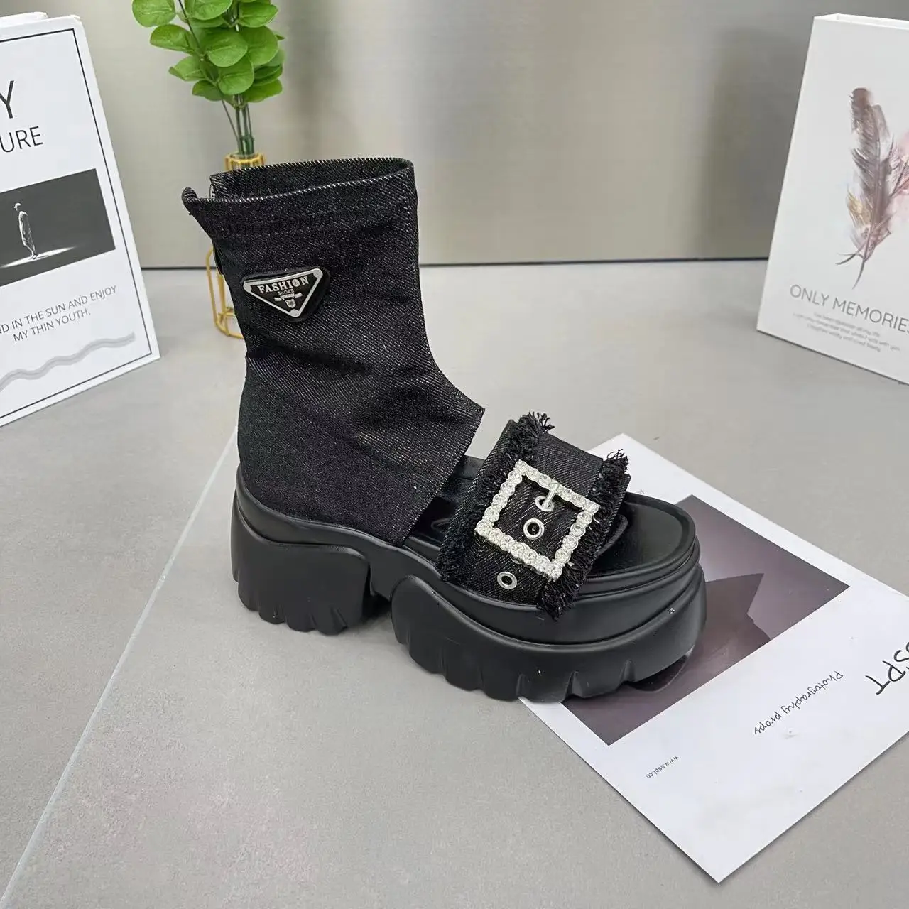 Women's Sandals 2023 Summer Ankle Denim Rhinestone Platform Muffin Super High Heel Motorcycle Boots